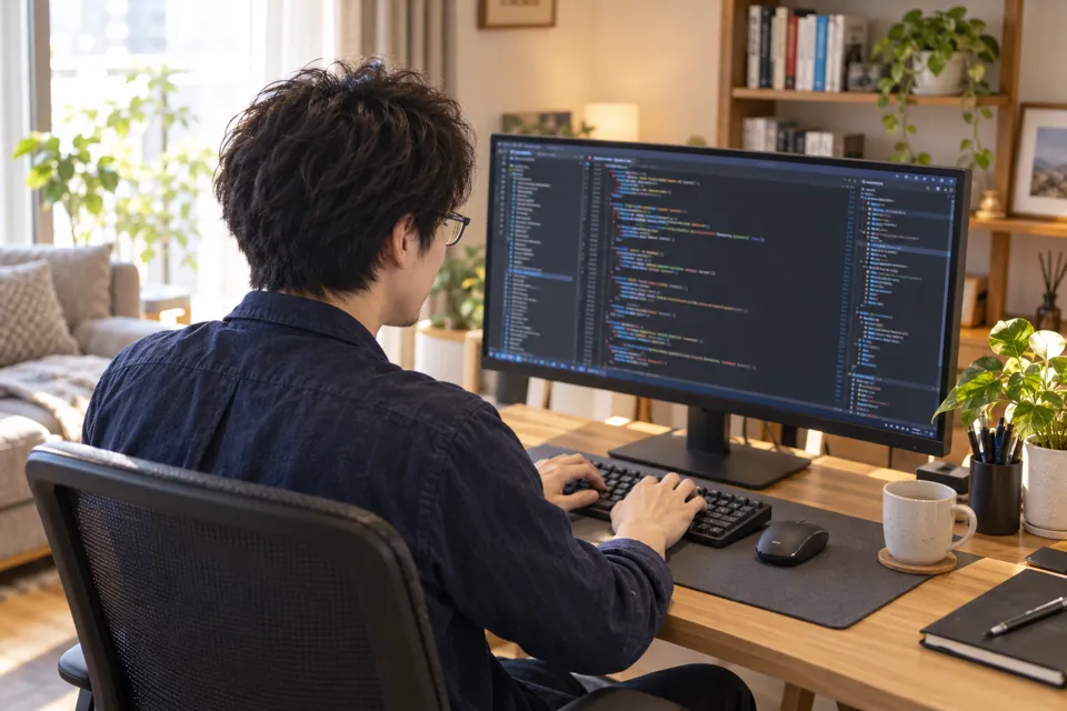 自宅のデスクで、モニターに向かってコードを書くエンジニア