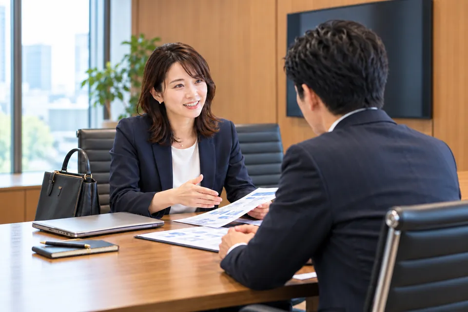 資料を見せながら、お客様に提案をする営業担当