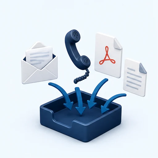 メール、FAX、PDF、紙の書類が受領トレイに届くイラスト